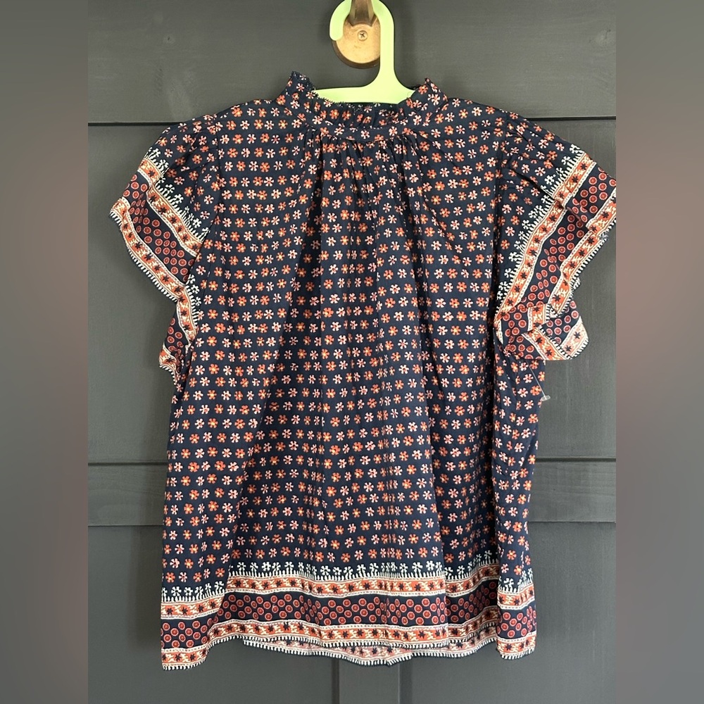 Trovata Navy and Rust Floral Blouse- XS- Cotton & Silk Blend- perfect for Fall